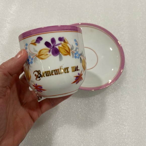 German Antique “Remember Me”Teacup and Saucer Pink Banded Hand Painted Beauty - Picture 4 of 13